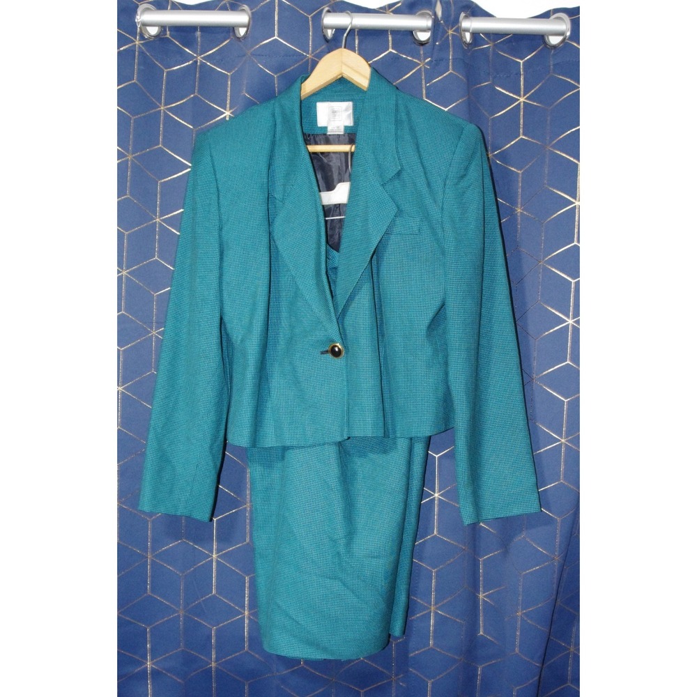 Vtg Amanda Smith Skirt Suit 80s Teal Black Check EUC Office Wear 12
